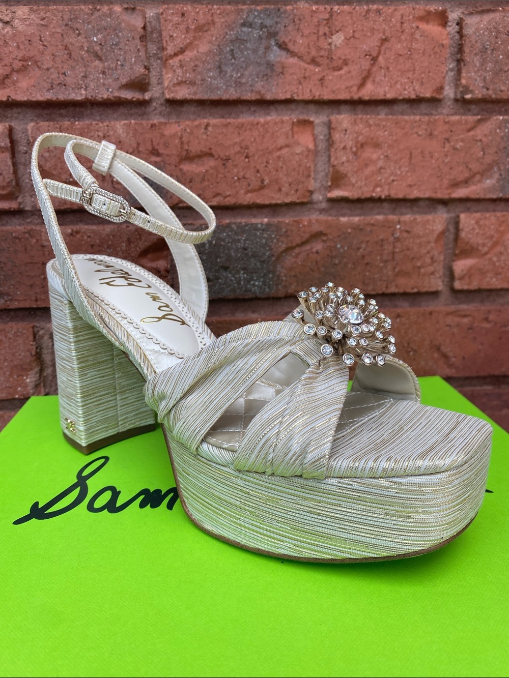 NWT Sam Edelman Gold Platform High Heel Sandals with Jewel Accent 8